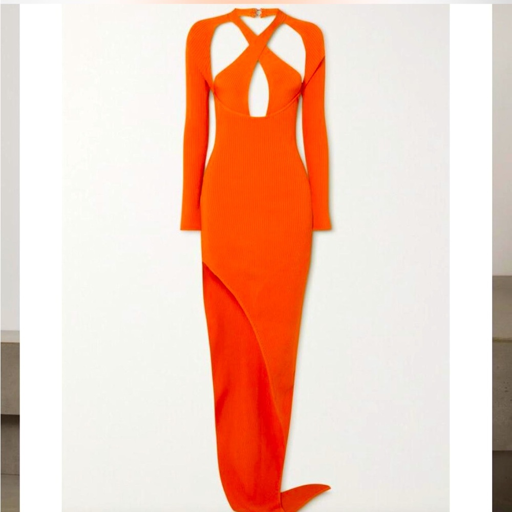 DAVID KOMA Orange Asymetric Cutout Ribbed stretchy knit dress